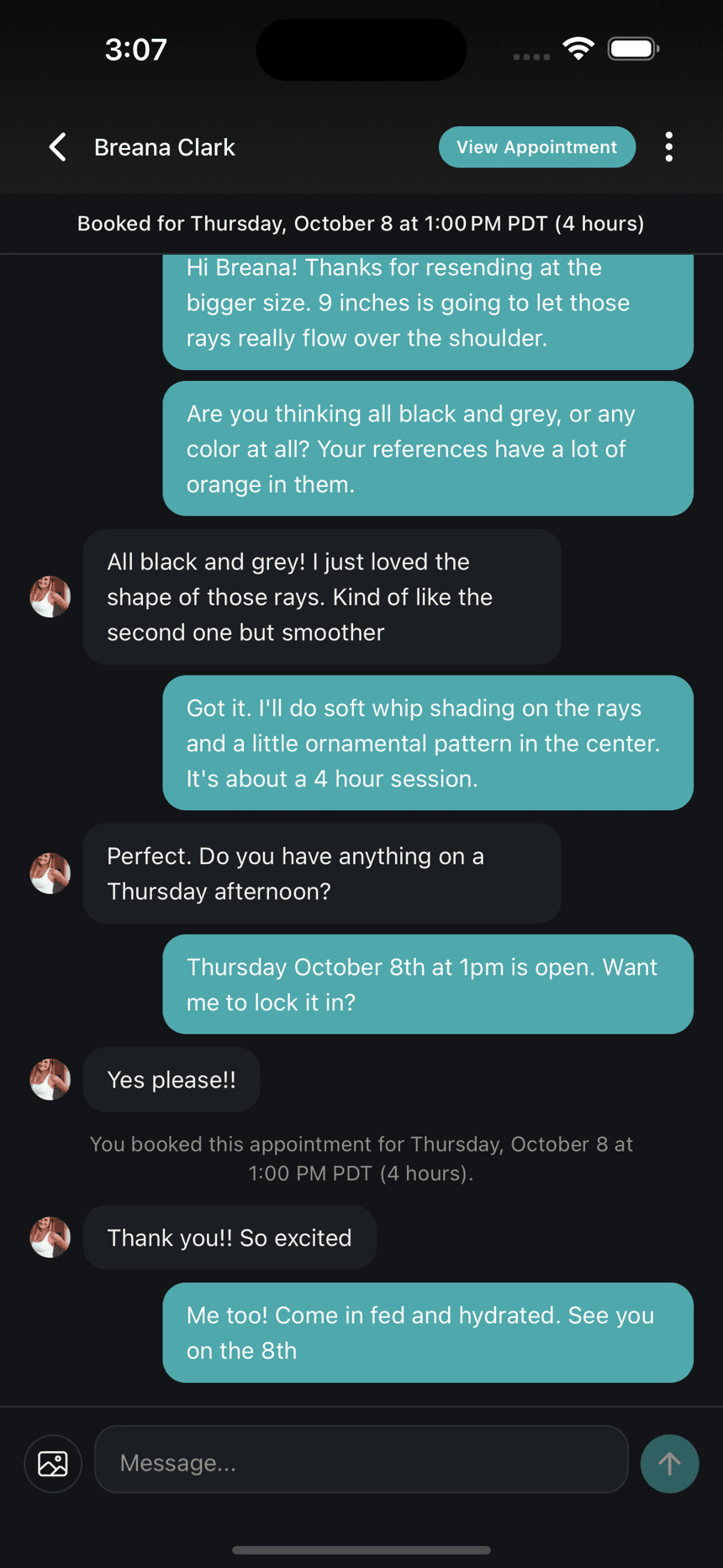 A Tattify chat between an artist and a client, ending in a booked appointment