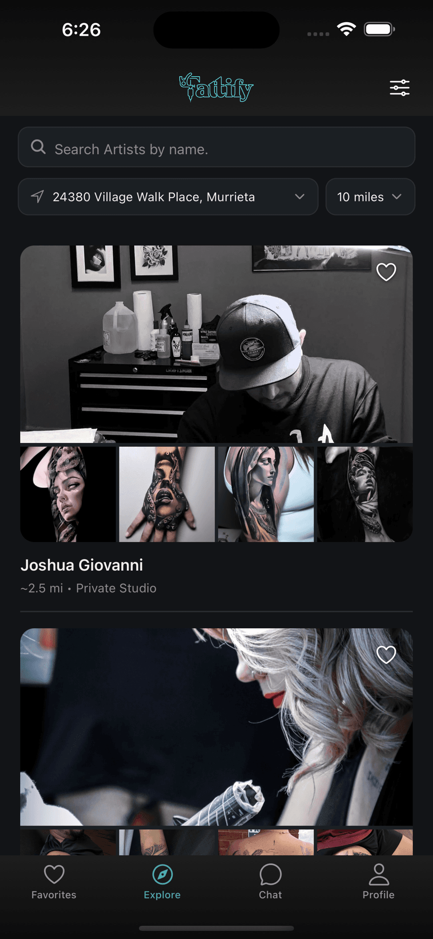 Tattify's Explore screen: clients searching for artists near an address, within a set distance, each with their portfolio