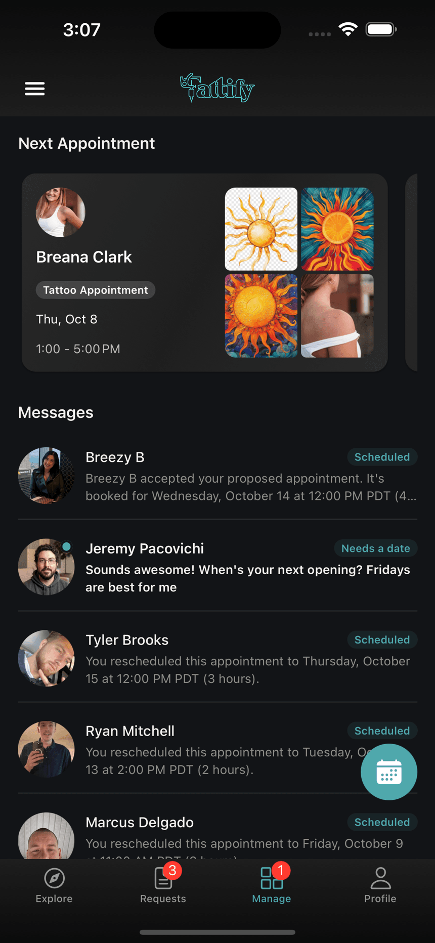 Tattify's Manage tab: the next appointment up top, and every client conversation below it tagged with where it stands