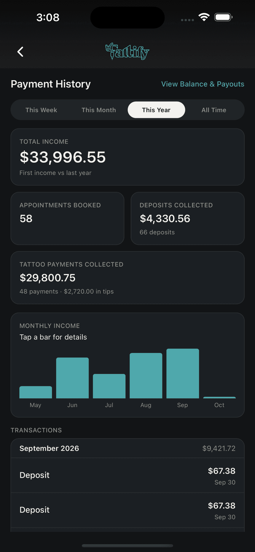 Tattify's Payment History screen: total income, deposits and tattoo payments collected, and income by month