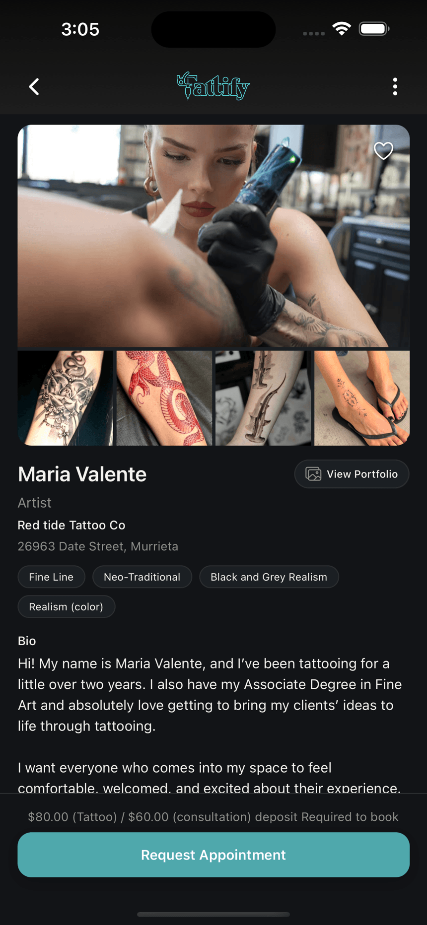 An artist's Tattify profile: portfolio photos, studio and location, styles, and a Request Appointment button with the deposit shown up front