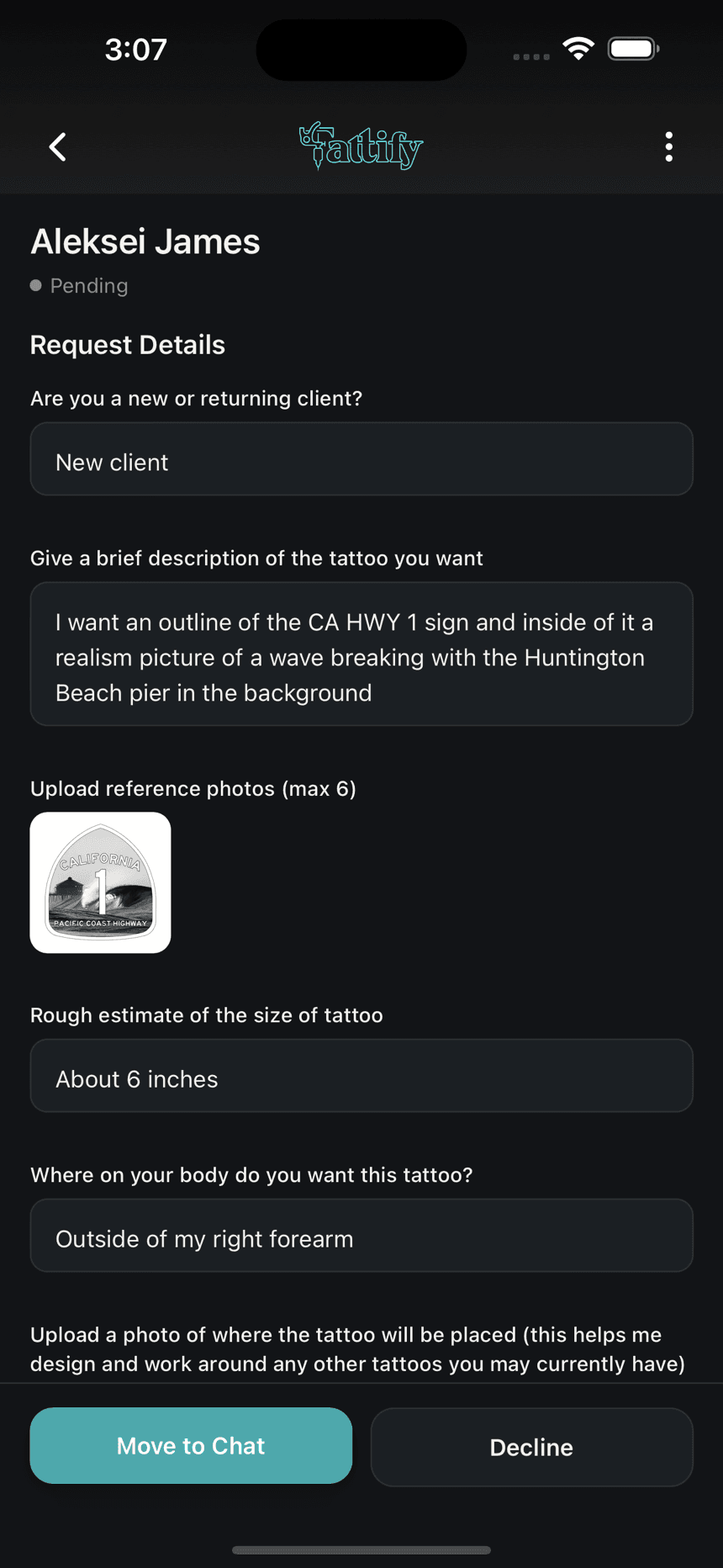 A complete tattoo request in Tattify: description, reference photo, size, and placement, all answered up front