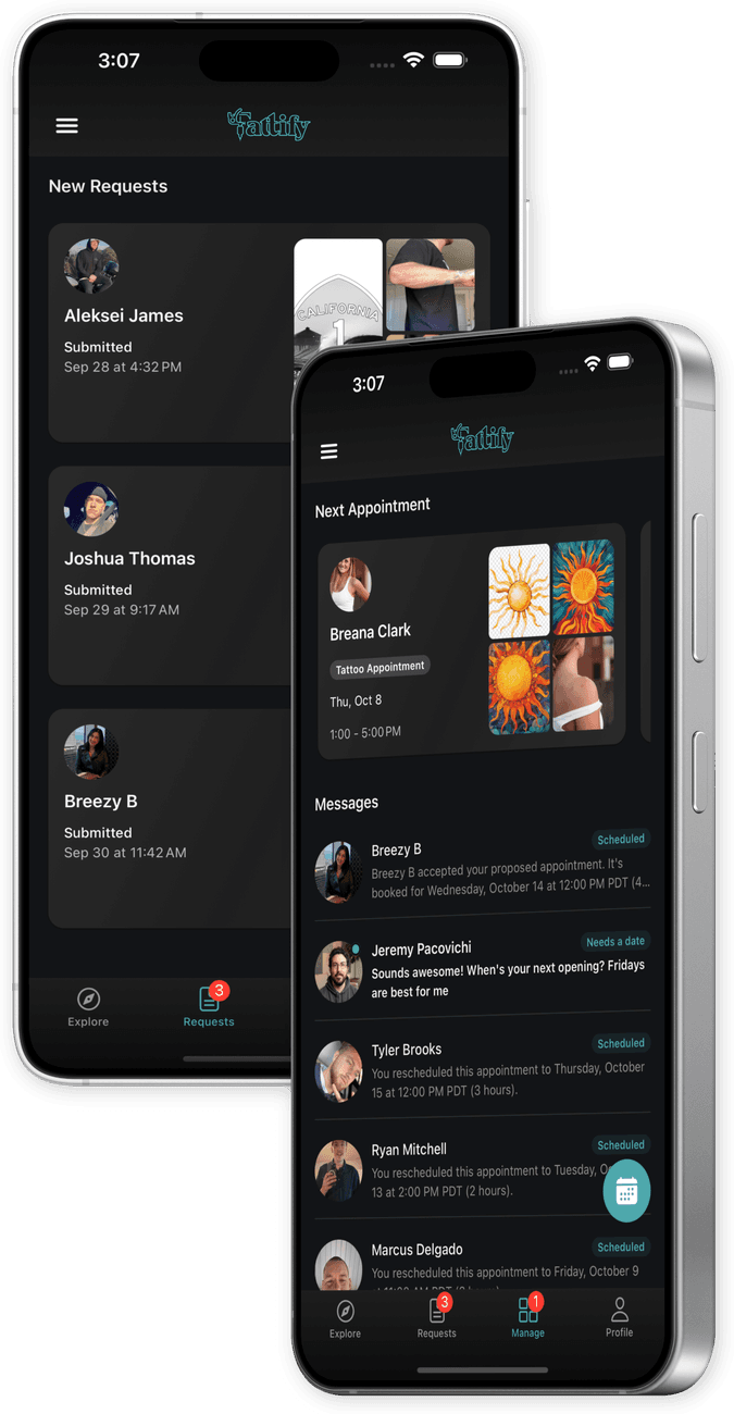 Tattify's Requests and Manage screens: new tattoo requests behind the artist's next appointment and client conversations