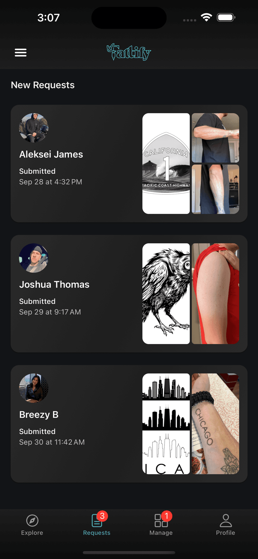 Tattify's Requests tab: a list of new tattoo requests, each with the client, when it was submitted, and their reference photos